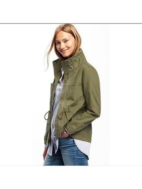 XS Old Navy linen blend utility cargo jacket, 4 pockets olive green high collar